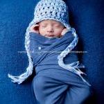Chunky Blue White Earflap Hat Newborn Size Only..