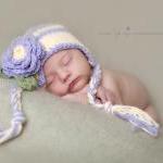 Crochet Purple And Cream Earflap Hat Newborn To..