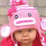 Crochet Pink Sock Monkey Hat Newborn To Toddler..