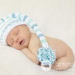 Crochet Blue Stripe Long Tail Pixie Elf Hat..