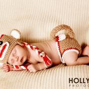 Crochet Red Sock Monkey Hat and Diaper Cover Set Newborn Photography prop  