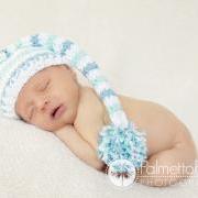 Crochet Blue Stripe Long Tail Pixie Elf Hat Photography Prop