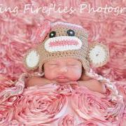 Crochet Pink Sock Monkey Hat Newborn to Toddler sizing Photography prop