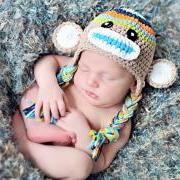 Crochet Boys Stripe Sock Monkey Hat Newborn to Toddler sizing Photography prop