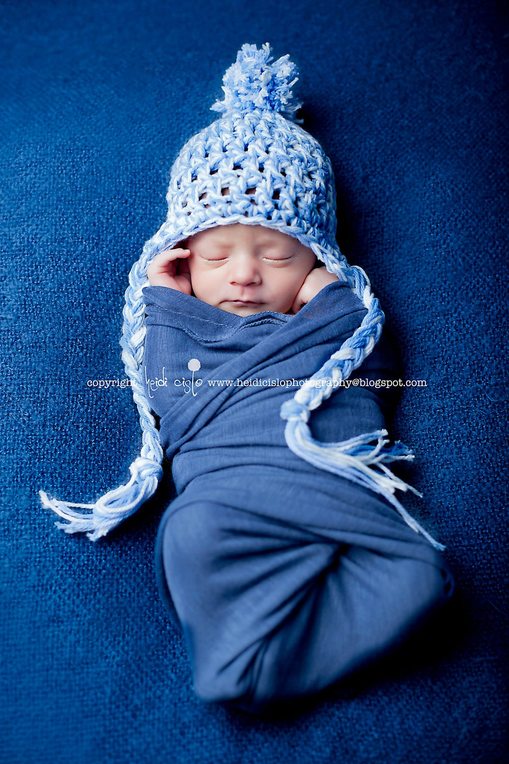 Chunky Blue White Earflap Hat Newborn Size Only Photography Prop