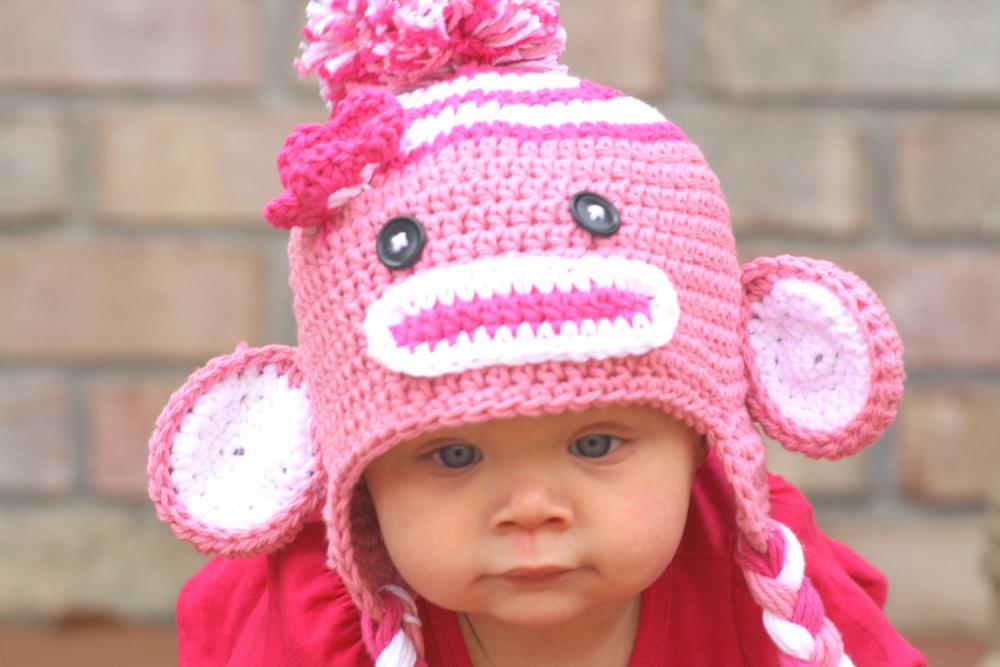 Crochet Pink Sock Monkey Hat Newborn To Toddler Sizing Photography Prop