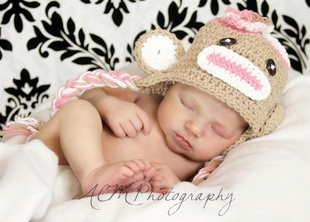 Crochet Pink Sock Monkey Hat Newborn To Toddler Sizing Photography Prop