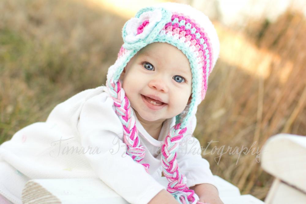 Crochet Pink And Turquoise Earflap Hat Newborn To Toddler Sizing Photography Prop